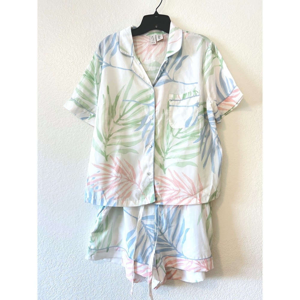 Joie Pastel Tropical Palm Leaf Pajama Set SZ L Shorts Button Front Top